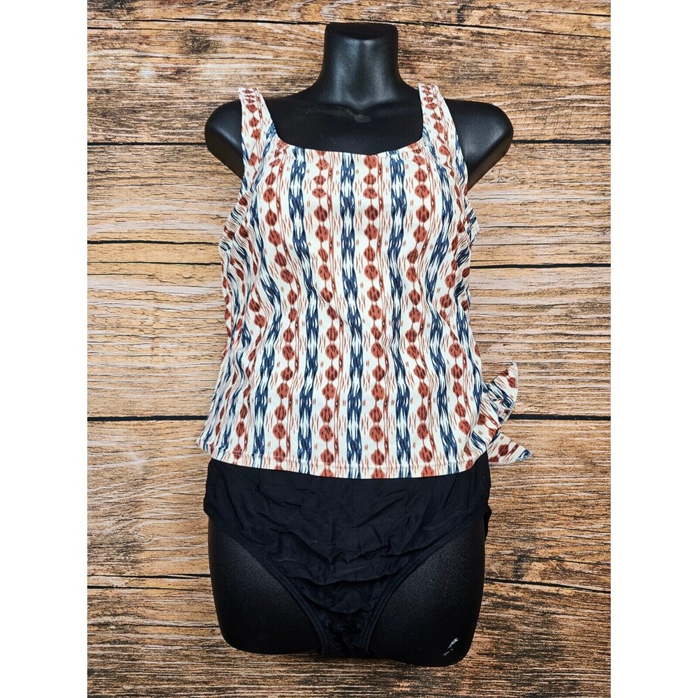 Island Pearls One Piece Tankini Swimsuit Tie Black Multicolor Womens 12?